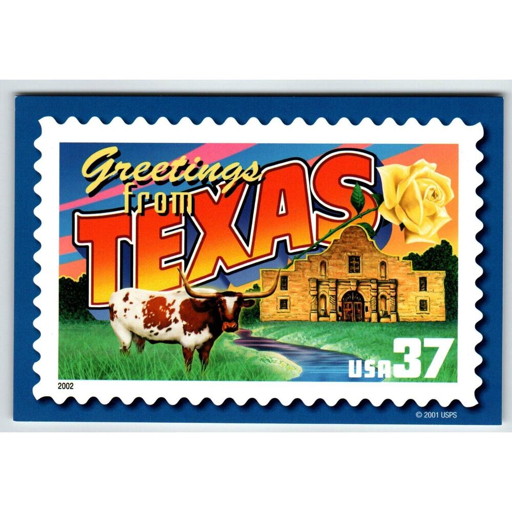 Greetings From Texas Large Letter Chrome Postcard USPS 2001 Cattle Yellow Rose